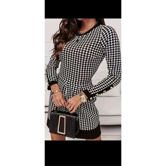 Houndstooth print dress elegant crewneck long sleeve tucked dress. Size 12 - Picture 1 of 10